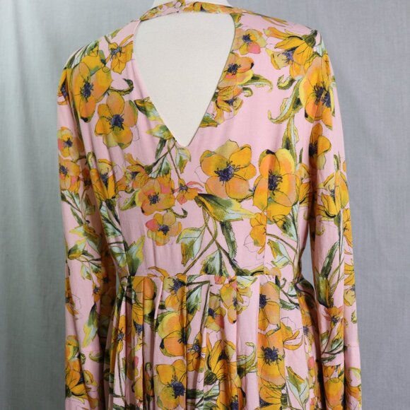 Free People Tegan Mini Dress 12 Pink Orange Floral Long Bell Sleeve V-Neck Pleat - Picture 10 of 16